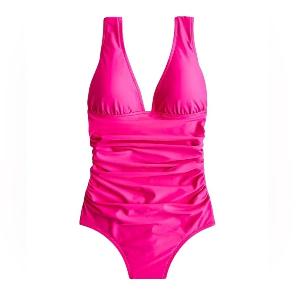 J. Crew New Radiant Fuchsia V-Neck UPF 50 Ruched One Piece Swimsuit